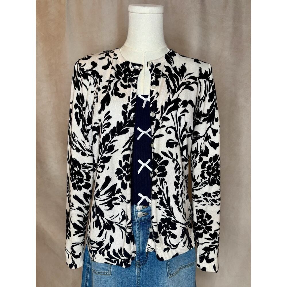 Croft & Barrow Floral Cotton Cardigan Cream Black Button Front Small